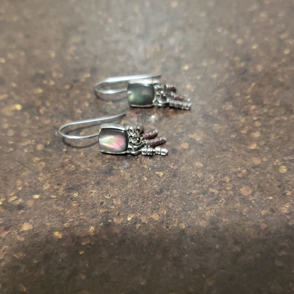 Signed Elegant Silvertone and Mother of Pearl Vintage Dangle Earrings.